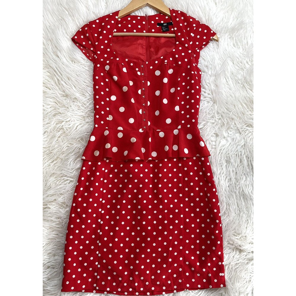 H&M Red Polka Dot Hook & Eye Ruffle Retro VTG Dress Size 4